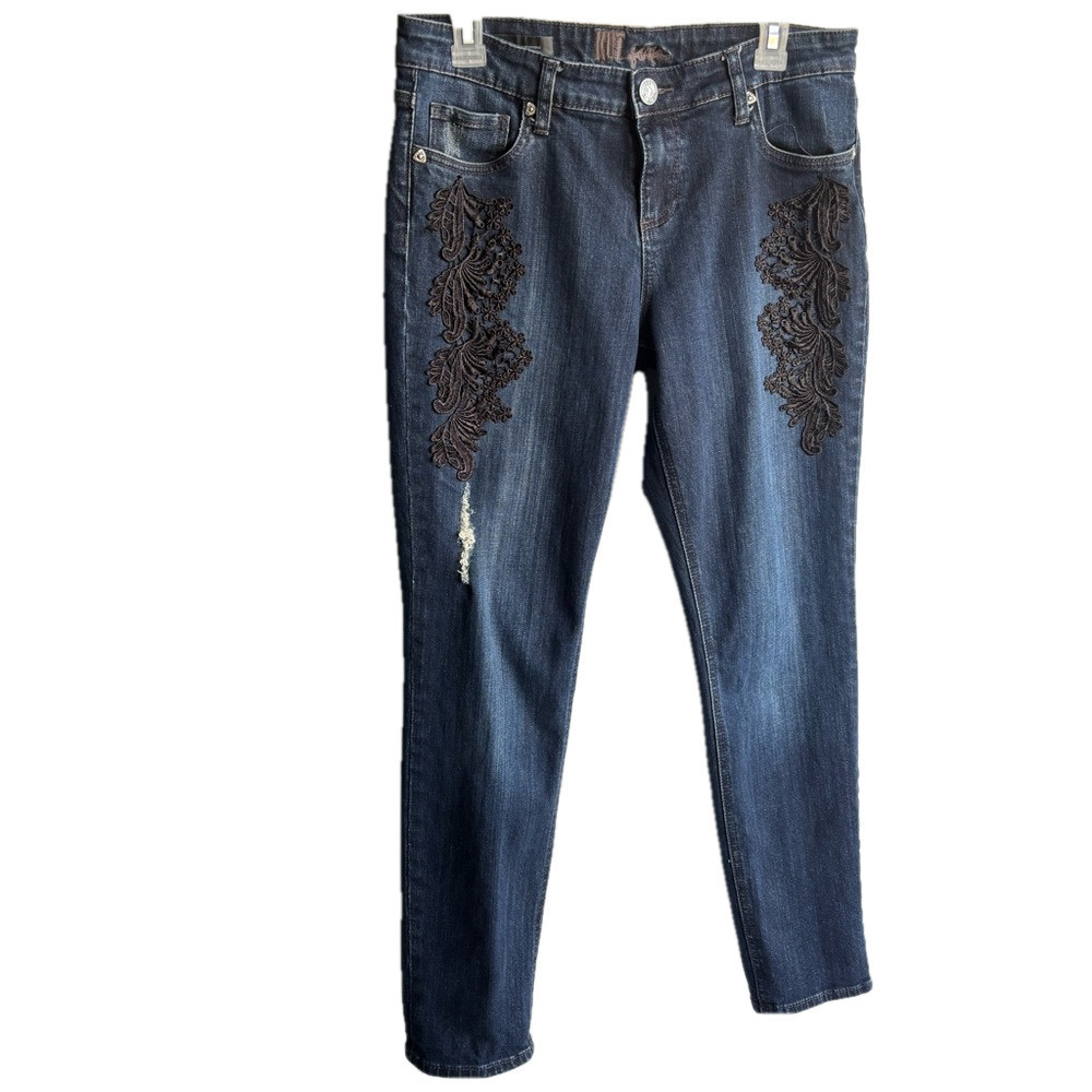 Kut from the Kloth size 8 distressed embroidery jeans.  Katy slouchy boyfriend